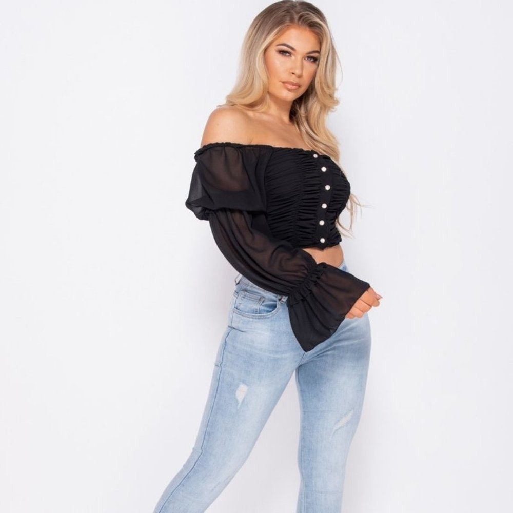 Black Long Sleeve Off Shoulder Ruched Crop Top - Picture 8 of 9